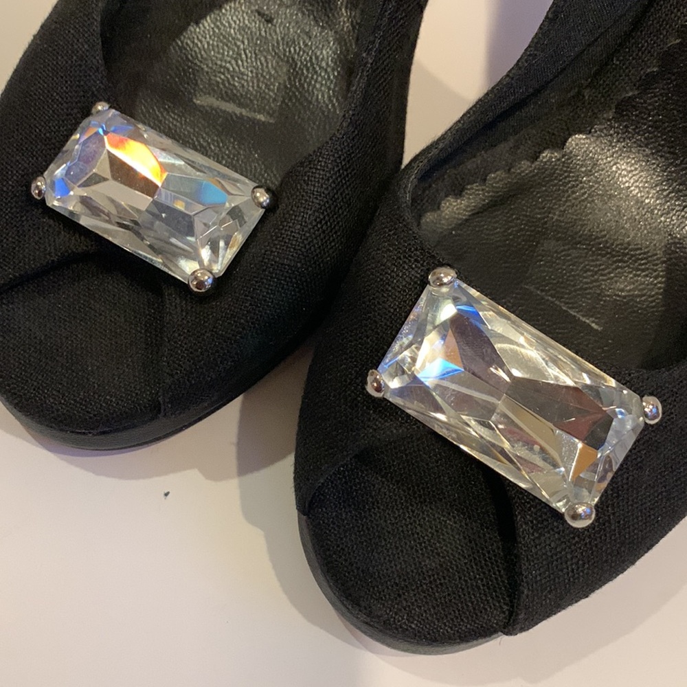 Beverly Feldman Linen/Leather Platform Slingback Heel Faux Diamond Stone Size 8